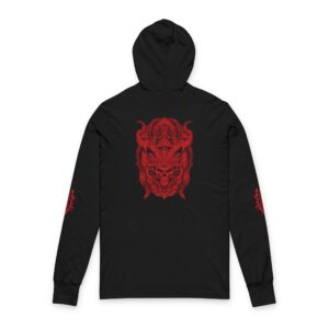 Demon Mask Hooded Long Sleeve Tee — Gothic Red Oni Back Print