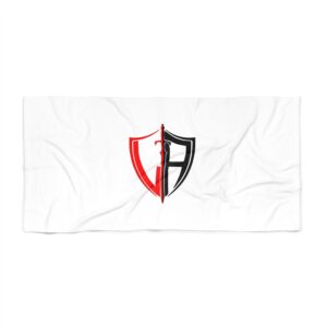 Shield & Helmet Beach Towel — Red and Black Medieval Crest Design