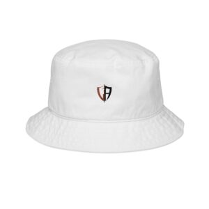 Embroidered Shield Logo Bucket Hat – White Casual Sun Hat