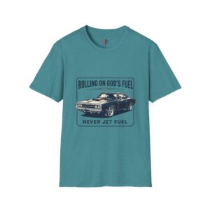 Vintage Muscle Car T-Shirt — "Rolling on God's Fuel, Never Jet Fuel" Christian Car Tee