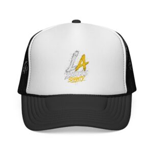 LA Sunset Trucker Cap — Distressed Sketch Logo Mesh Baseball Hat