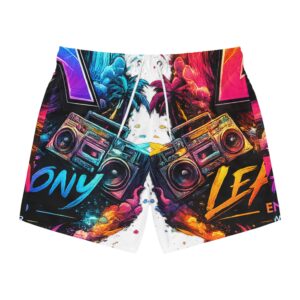 Retro Boombox Neon Swim Trunks — Vibrant AOP Beach Shorts