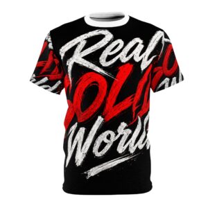 LeAnthonyBrand"Real Solid World" Graphic Tee — Bold Red & White Brushscript All-Over Print