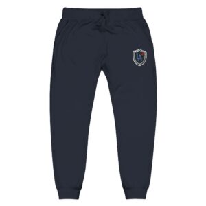 Embroidered Crest Joggers — White Fleece Sweatpants