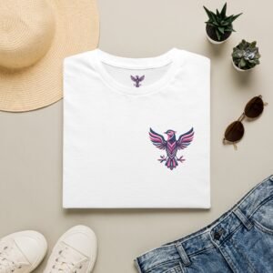 Phoenix Chest Graphic T-Shirt — Retro Pink & Purple Minimalist Bird Tee