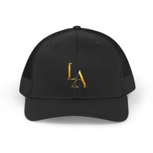 LA Embroidered Trucker Hat — Retro Gold Logo Mesh Cap