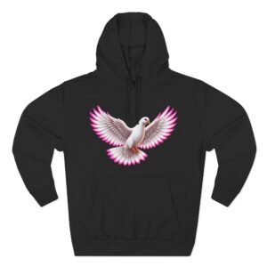 White Hoodie with Pink Dove Graphic — Peaceful Flying Dove Pullover